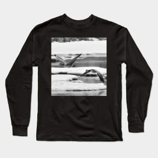 Geese coming in for a landing in black and white Long Sleeve T-Shirt